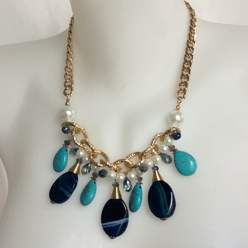 Blue agate turquoise stone crystal pearls necklace